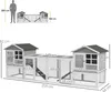 A diagram showing a large rabbit hutch with dimensions indicated by text and lines, alongside a silhouette of a person for scale. Produktbild-Vorschau