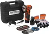 A set of tools including a cordless angle grinder, batteries, charger, cutting discs, and gloves, neatly arranged on a white background. Podgląd zdjęcia produktu