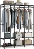 A black metal open wardrobe rack with clothes and storage boxes. Produktbild-Vorschau