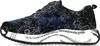 A side view of a blue floral patterned sneaker with text on the sole. Produktbild-Vorschau