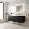 A modern bathroom vanity with a black cabinet, white countertop, and a vessel sink. Anteprima dell’immagine prodotto