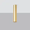 A single gold cylinder-shaped light fixture is shown against a split background of white and gray. Voir les images du produit