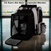 A cat carrier is placed on the floor in front of a large window overlooking an airport tarmac with airplanes visible. Produktbild-Vorschau