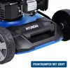A close-up view of the front bumper and wheel of a blue Hyundai lawnmower. Produktbild-Vorschau