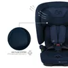 A close-up view of a navy blue car seat, highlighting its mesh fabric and airflow system with illustrative arrows. Náhled obrázku produktu
