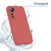 A red phone case is shown with water splashing around it, suggesting it is water-repellent. Produktbild-Vorschau