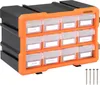 A storage organizer with multiple clear drawers, labeled with various hardware items. Produktbild-Vorschau