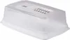 A clear, studio shot of a clear plastic food container with a white lid. Voir les images du produit