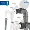 Diagram showing how to connect different sized pipes for a washing machine or dryer. Produktbild-Vorschau