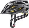 A gray Uvex bicycle helmet with yellow accents and black straps, shown against a white background. Produktbild-Vorschau