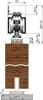A technical drawing with dimensions showing a sliding door roller mechanism attached to a wooden beam. Produktbild-Vorschau