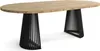 A wooden oval dining table with black metal legs, shown from a slight angle against a white background. Podgląd zdjęcia produktu