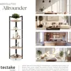 A collage showing a corner shelf unit and lifestyle images of different rooms. Náhled obrázku produktu