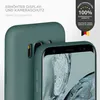 A teal smartphone case is shown from the back and front, with marketing text and a "100% Satisfaction Guarantee" badge. Produktbild-Vorschau