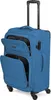 A blue trolley suitcase with its front pockets open, shown on a white background. Voir les images du produit