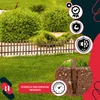 A garden fence made of wood, shown in a garden setting with bushes and grass. Several icons and text overlays highlight product features. Náhled obrázku produktu