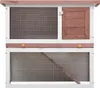 A two-tiered wooden rabbit hutch with wire mesh fronts and a small wooden door on the upper level. Náhľad obrázku produktu
