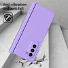 A purple phone case is shown on a cracked concrete surface, with text indicating its protective features. Produktbild-Vorschau