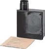 A black plastic housing unit with a circular pipe attachment on top, and an instruction manual lying in front of it on a white background. Anteprima dell’immagine prodotto