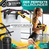 A collage-style marketing image showcasing a wall-mounted pull-up bar with various accessories, including a punching bag and resistance bands, and featuring two women engaged in fitness activities. Produktbild-Vorschau