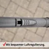 Close-up of a gray handle with ventilation slots and a checkmark with text below. Produktbild-Vorschau