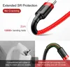 Close-up of a red USB-C cable with extended SR protection, highlighting its durability and bending tests. Produktbild-Vorschau