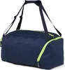 A navy blue duffel bag with lime green accents and zippers, shown from a side angle against a white background. Náhľad obrázku produktu