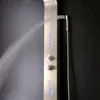 A modern shower panel with multiple jets and LED lights, with water spraying from the top. Podgląd zdjęcia produktu