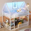 A children's bunk bed with a house-like frame and LED lighting, set up in a room with toys and a small table and chairs.