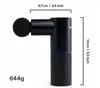 A black massage gun with dimensions and weight indicated. Produktbild-Vorschau