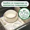 A set of nested bowls and lids are neatly stored in a kitchen drawer. A green circular graphic with text is overlaid on the right side of the image. Anteprima dell’immagine prodotto
