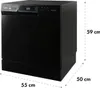 A black dishwasher with dimensions indicated by dashed lines and text. Náhled obrázku produktu