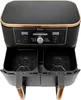 A top-down view of a dual-basket air fryer with its control panel and baskets visible. Produktbild-Vorschau