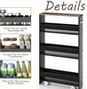 A product image showing a narrow shelving unit with multiple tiers, accompanied by smaller inset images demonstrating its use for storing various items like seasoning jars, condiments, and drink bottles. Podgląd zdjęcia produktu