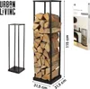 A product shot of a firewood rack filled with logs, next to an empty rack, with packaging in the background. Produktbild-Vorschau