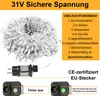 A product image showing LED string lights, a power adapter, and control boxes with text describing features and modes. Produktbild-Vorschau