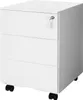 A white three-drawer mobile pedestal with a lock and key on the top drawer, resting on black wheels. Náhled obrázku produktu
