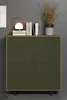 A dark green cabinet with four doors, a light brown top, and black legs, placed against a gray wall. The top of the cabinet has books, a lamp, and a vase with dried grass. Podgląd zdjęcia produktu