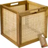 A square storage basket made of wood and rattan with a woven pattern. Produktbild-Vorschau