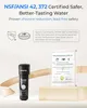 A product shot of a water filter with certifications and marketing text. Produktbild-Vorschau