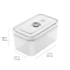 A white plastic food storage container with dimensions indicated by measurement lines and text. Produktbild-Vorschau