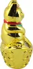 A golden Maneki Neko cat figurine sits on a base decorated with coins, viewed from the side. Produktbild-Vorschau