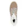 A top-down view of a beige women's boot with white fur trim. Voir les images du produit