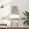 A white vanity table with a mirror, a stool, and a nightstand in a room. Voir les images du produit