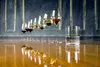 A line of wine glasses filled with different colored liquids, set against a dark, textured wall with gold trim. The glasses are reflected on a polished wooden surface. Podgląd zdjęcia produktu