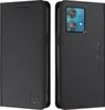 A black leather flip wallet case for a smartphone, shown from both the front and back. Produktbild-Vorschau