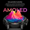 A close-up of a smartwatch with a vibrant, abstract mountain landscape displayed on its screen, set against a black background. Text overlays describe the screen's quality. Náhled obrázku produktu
