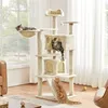 Three cats are playing on a multi-level cat tree in a living room. Produktbild-Vorschau