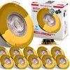 A product shot of multiple gold LED downlights with packaging in the background. Produktbild-Vorschau