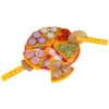 A wooden toy pizza with various toppings, cut into slices, on a red and white checkered mat. A toy pizza cutter is also shown. Podgląd zdjęcia produktu